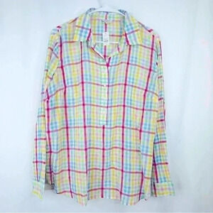 NWT Talbots Women Plaid Crinkle Cotton Henley Tunic Top Rainbow Long Sleeve Sz S